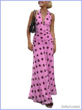 Polka Dot Halter Maxi Dress Sleeveless Deep V-Neck Flowy Chiffon Summer Sundress